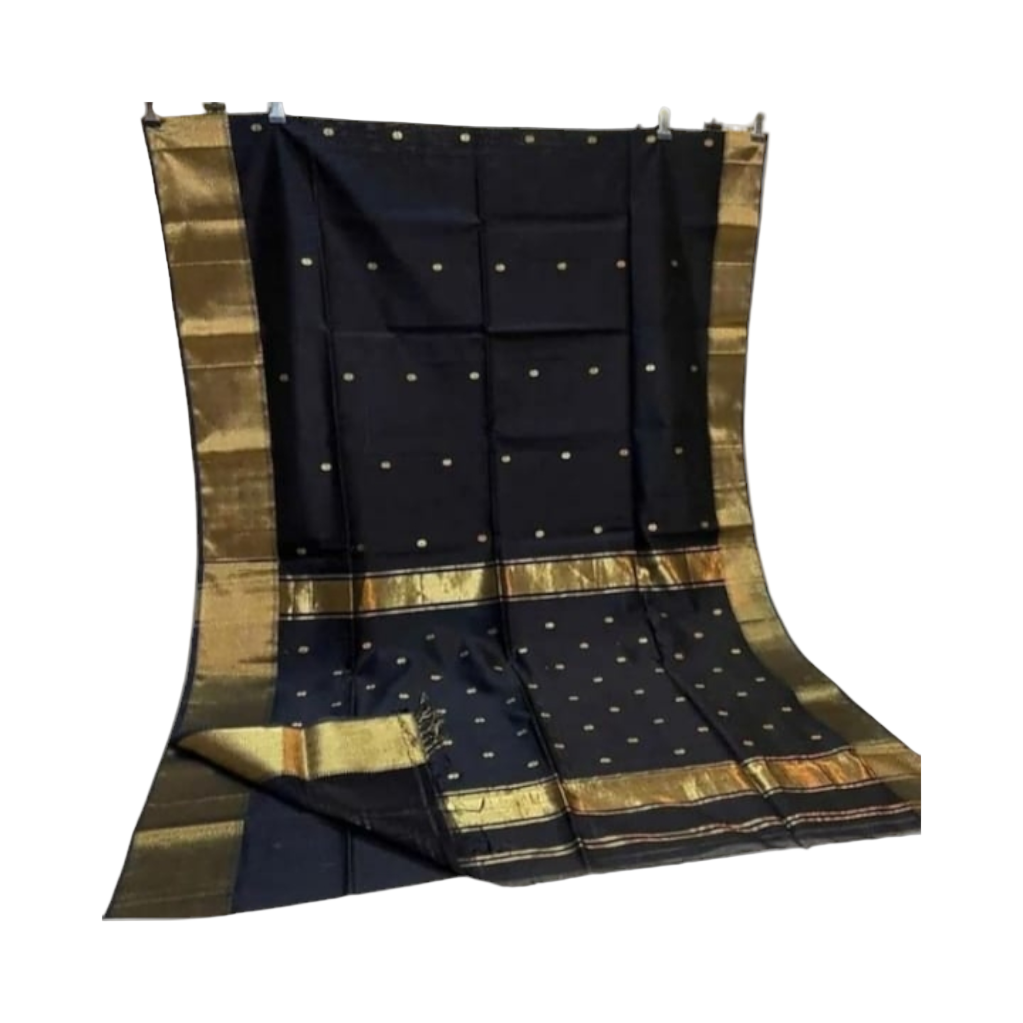 "Classic Maheshwari handloom saree in black silk cotton blend with zari pallu, blouse piece included, heritage Indian traditional wear."