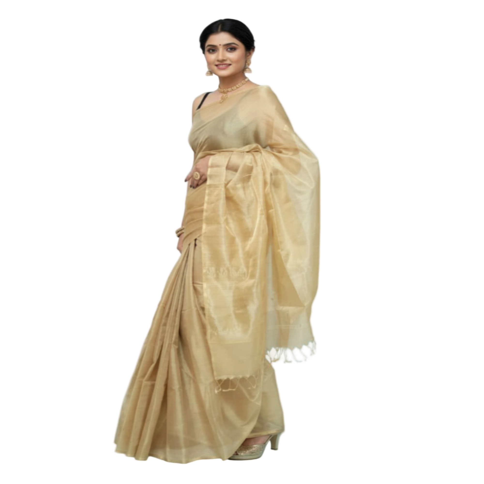 “Pure handwoven Maheshwari tissue silk saree with golden zari border and motifs, wedding festive elegance”