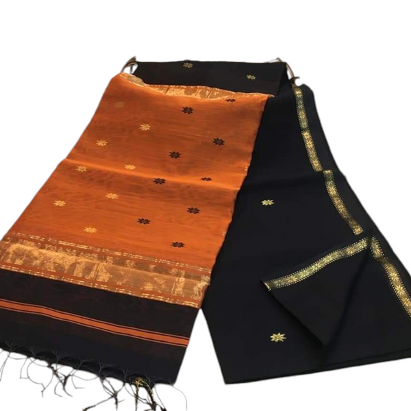 Maheshwari Handloom Silk by Cotton Saree with Golden Zari Star Buti & Contrast Border – Elegant Traditional Wear