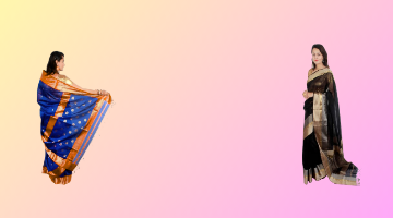 Two women wearing sarees on a gradient background