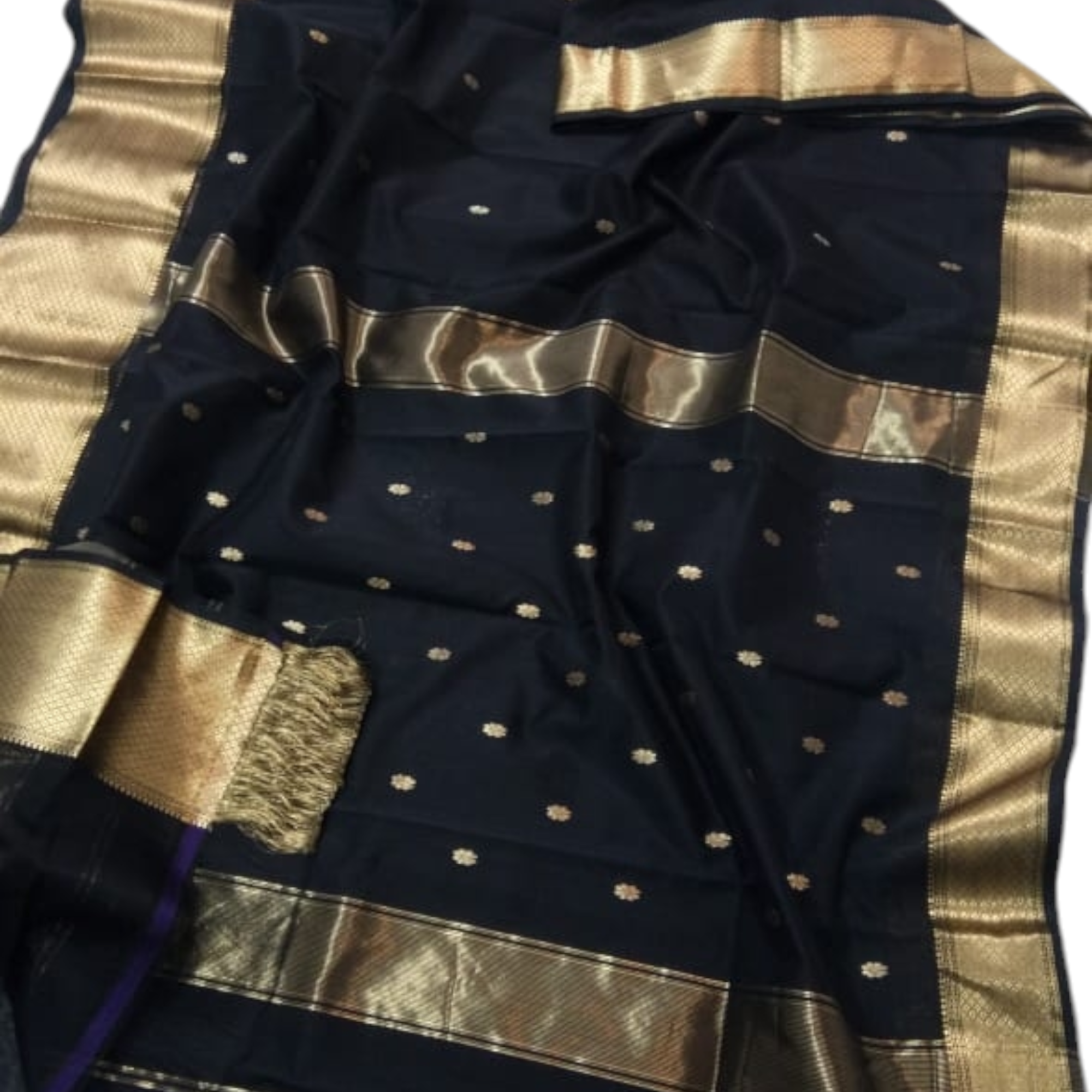 "Handwoven Maheshwari silk by cotton saree in black with zari border and intricate buti motifs, luxury festive ethnic wear."