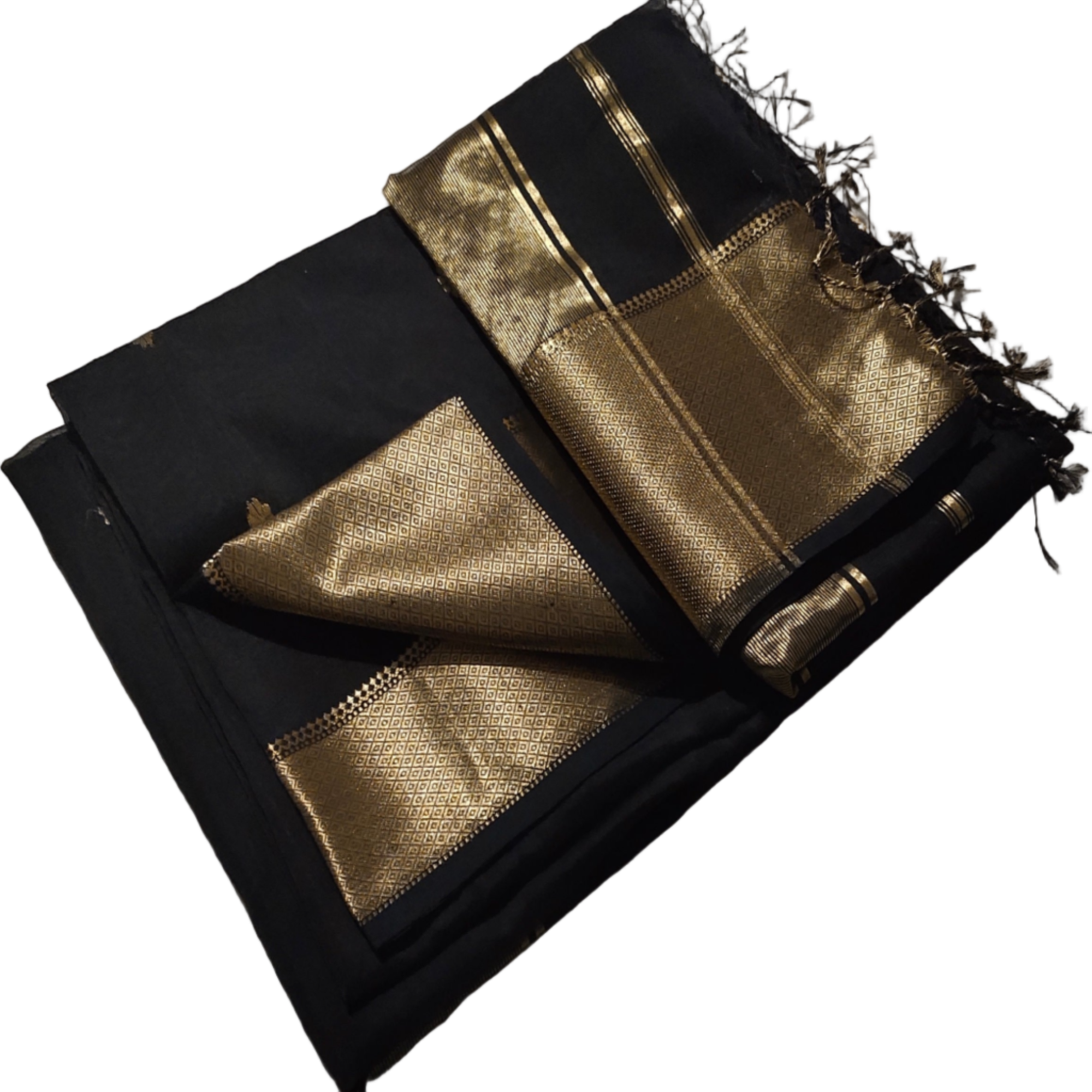 "Black Maheshwari handloom silk by cotton saree with golden zari border and buti motifs, perfect for weddings and festive occasions."