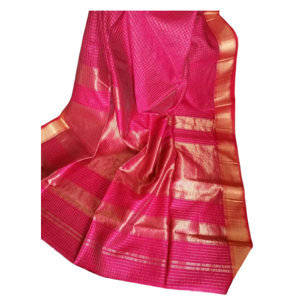 Rani Pink Maheshwari Silk Cotton Saree with Blouse Piece – Authentic Handloom Weave