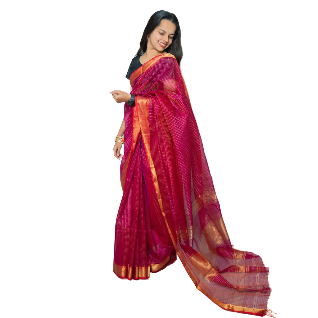 Handloom Maheshwari Saree Rani Color – Warp 10 Silk × 1 Zari, Weft Cotton