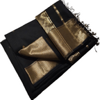 "Black Maheshwari handloom silk by cotton saree with golden zari border and buti motifs, perfect for weddings and festive occasions."