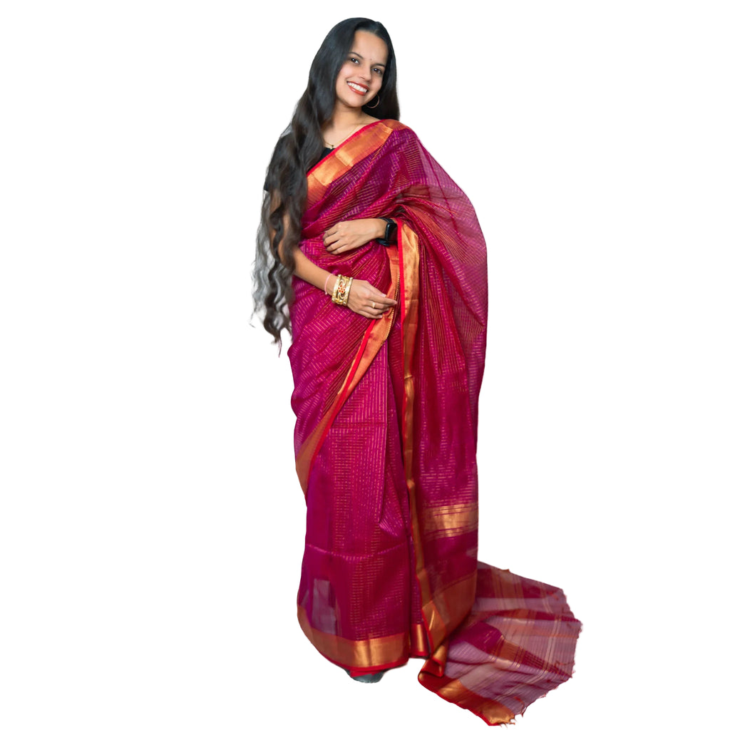Maheshwari Silk by Cotton Saree in Rani Pink with Golden Zari Border – Miran Handloom