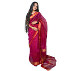 Maheshwari Silk by Cotton Saree in Rani Pink with Golden Zari Border – Miran Handloom