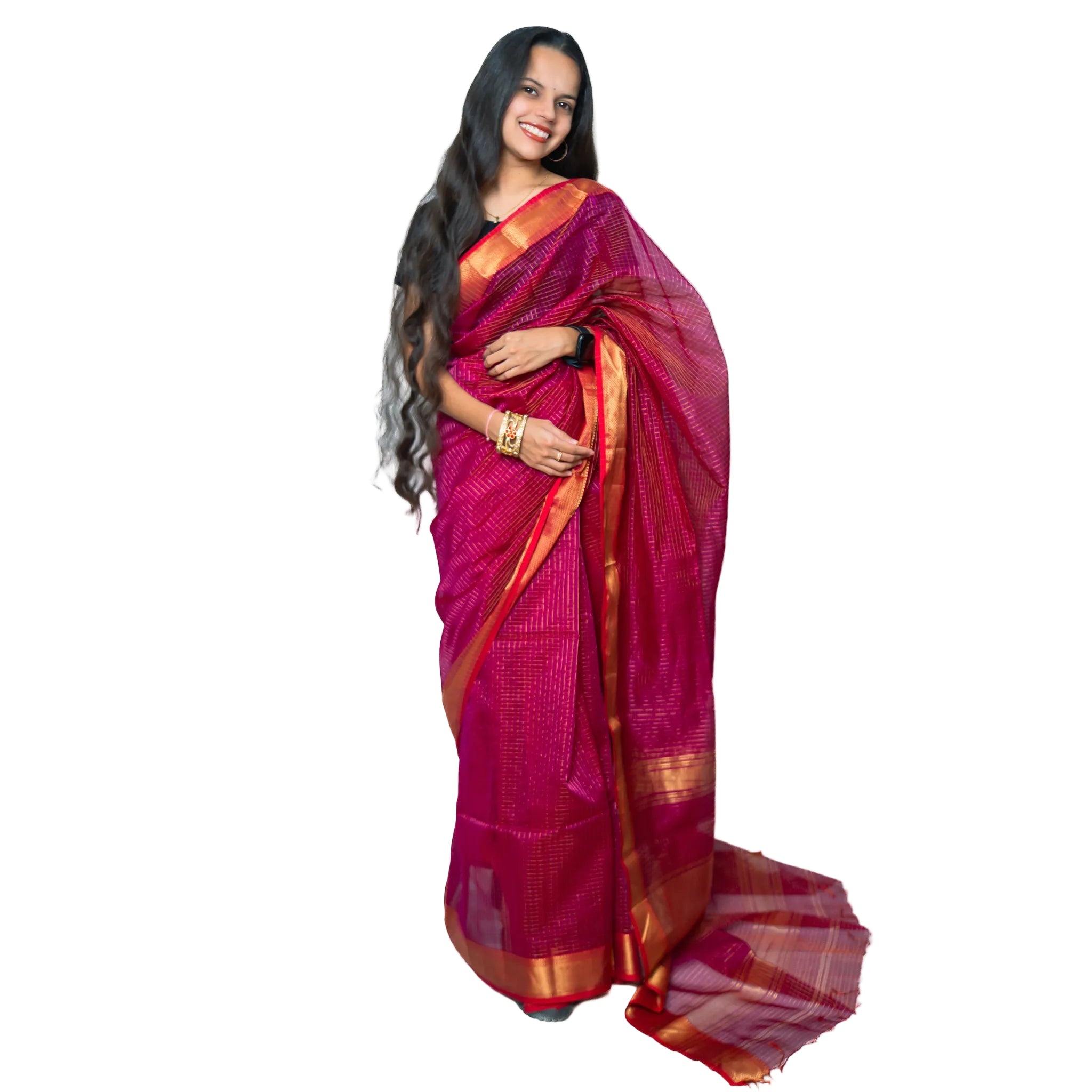 Maheshwari Silk by Cotton Saree in Rani Pink with Golden Zari Border – Miran Handloom