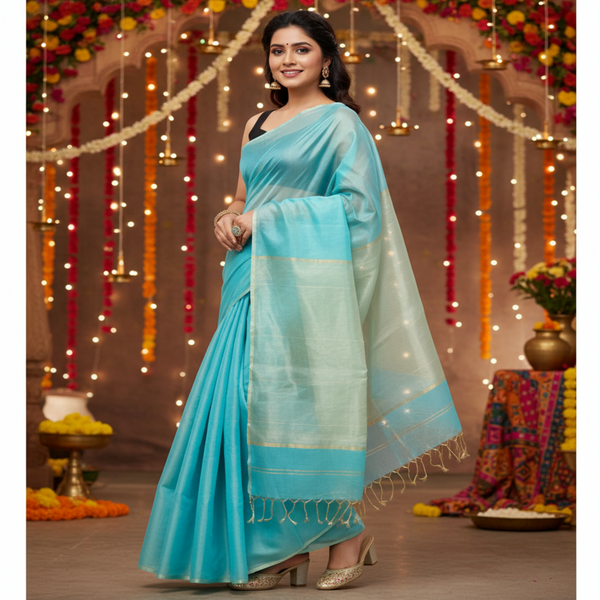 Woman in a light blue saree standing in front of decorative lights and flowers.